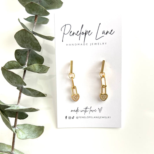 Gold Heart Padlock Dangle Earrings