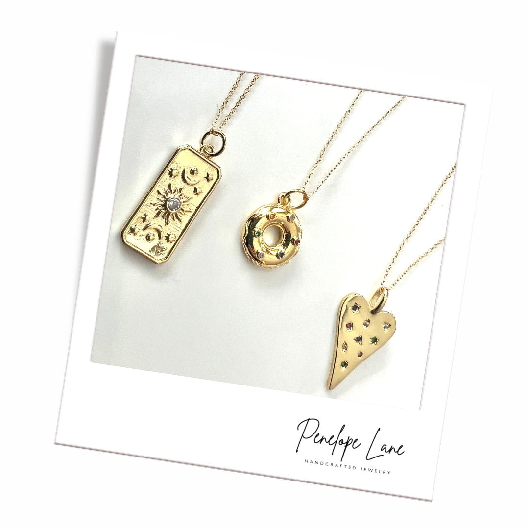 Radiant Splendor Dainty Necklaces: Fun Donut, Sun Burst Pave or Abstract Heart